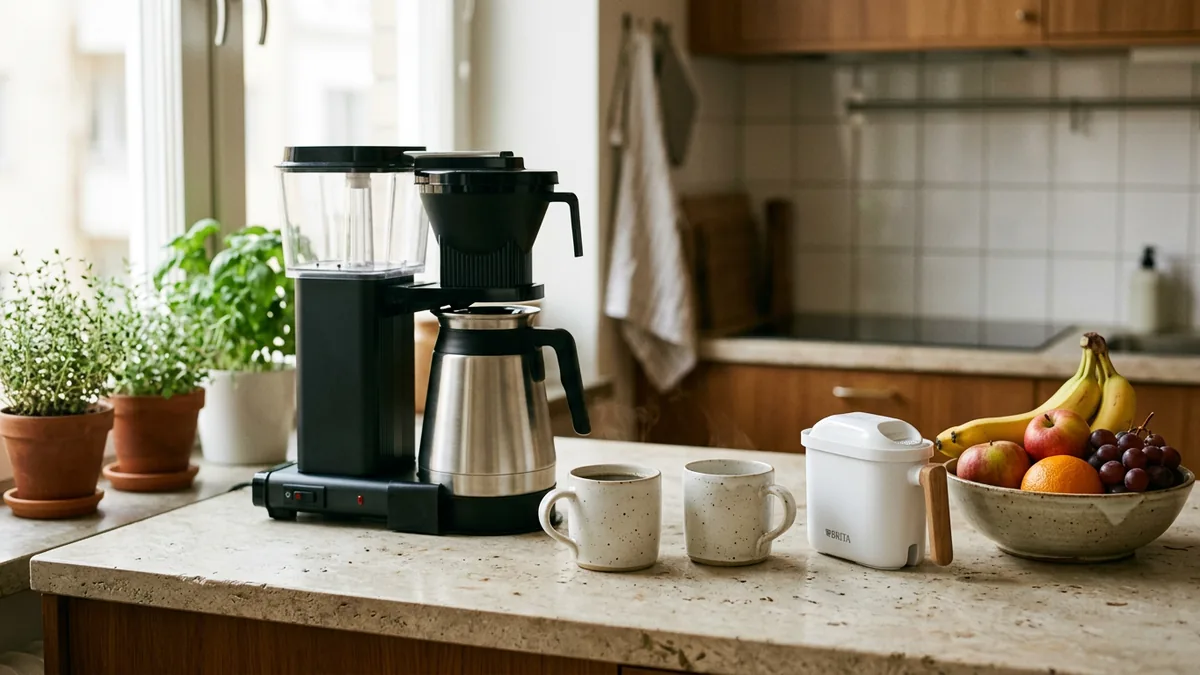 Bancada de cozinha de apartamento de temporada com cafeteira, canecas e filtro de água sob luz natural