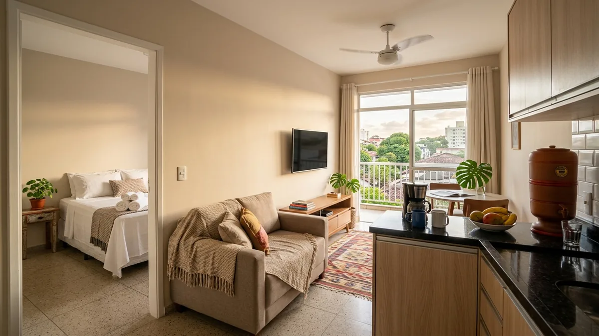 Sala e cozinha de apartamento de temporada bem equipado, com Smart TV, cafeteira e luz natural ao fim da tarde