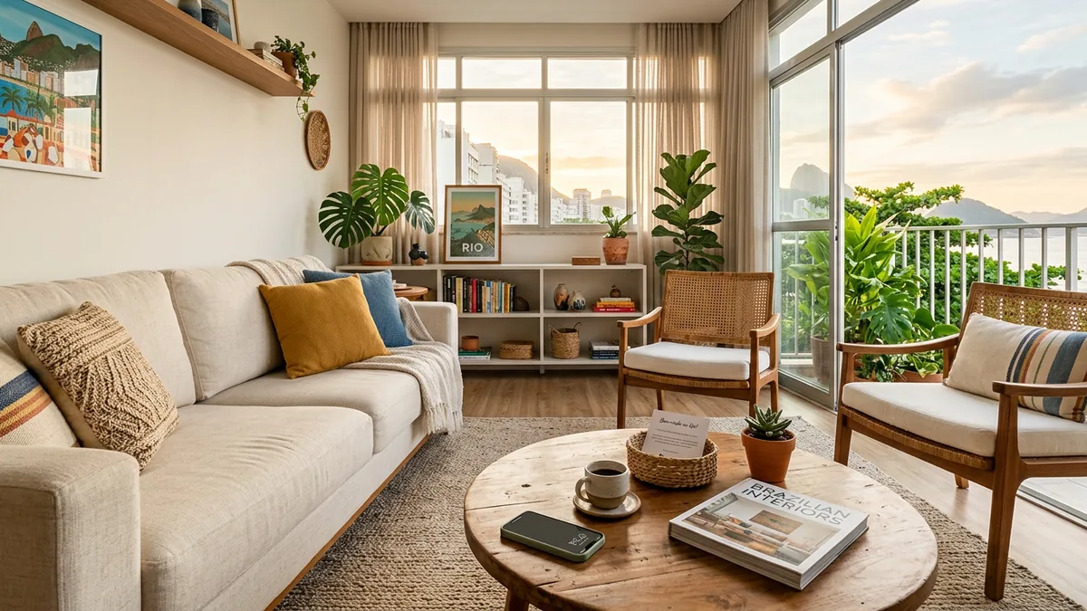 Sala de estar clara e organizada de apartamento de temporada com smartphone sobre a mesa de centro e luz natural de fim de tarde