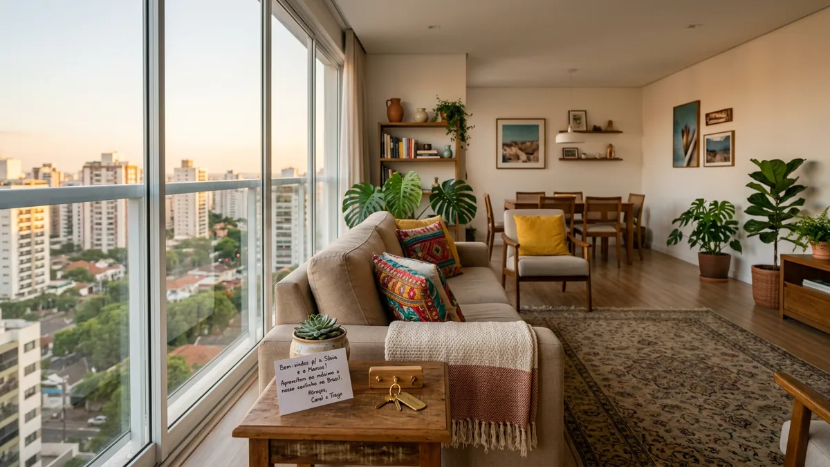 Sala de estar aconchegante de um apartamento de temporada com luz natural de fim de tarde, plantas e chaves sobre a mesa de apoio prontas para receber o hóspede