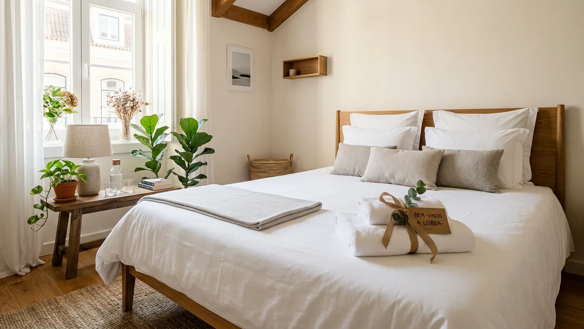 Quarto de apartamento de temporada impecável, cama com roupa branca e luz natural
