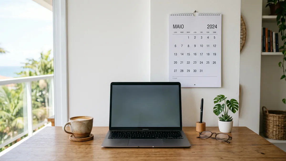 Laptop de tela neutra e calendário sobre a mesa de um apartamento de temporada
