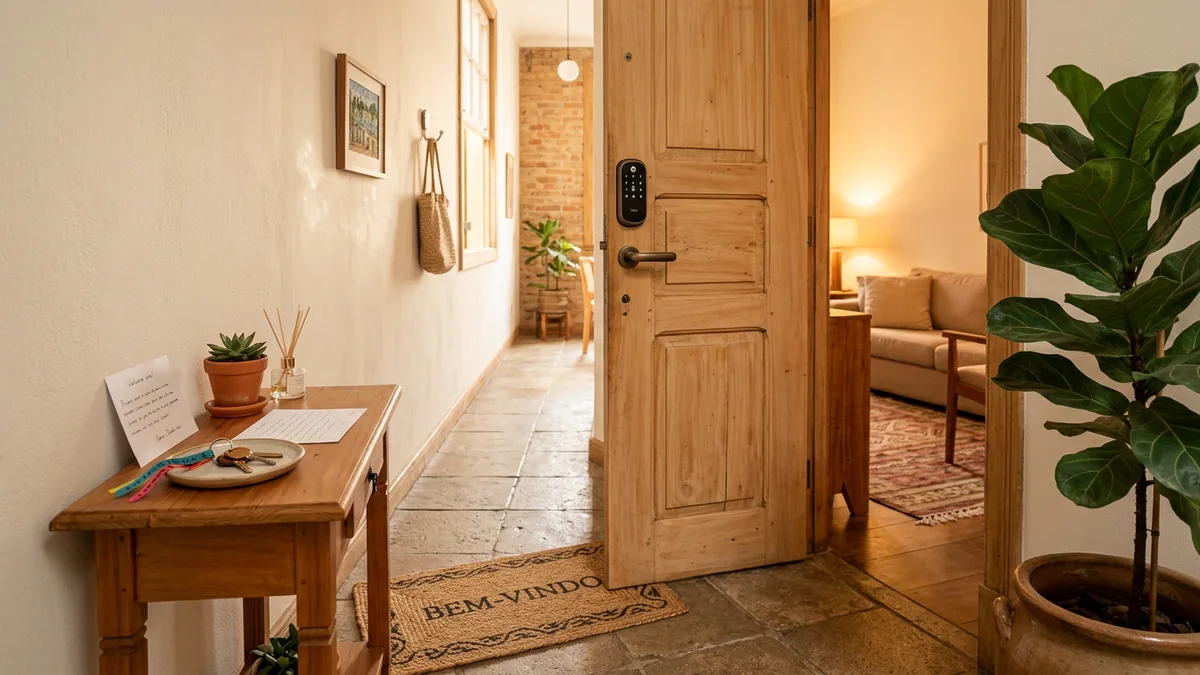 Porta de apartamento de temporada com fechadura digital de senha, representando o self check-in no Airbnb.