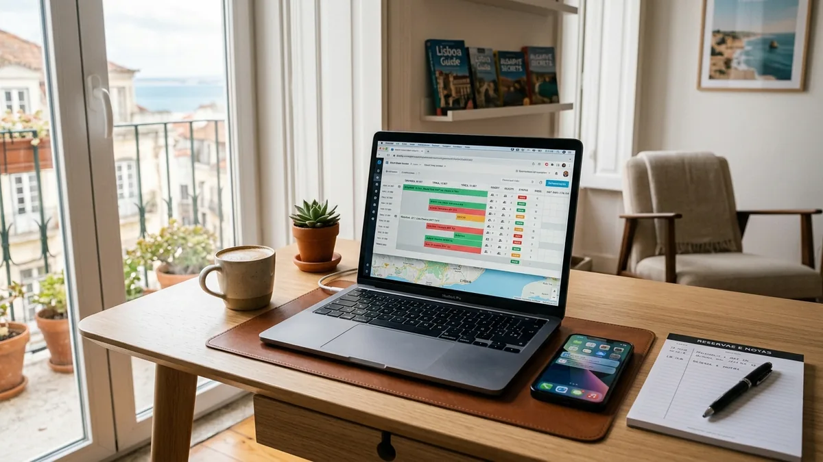 Mesa de trabalho com laptop mostrando calendário de reservas e celular, gestão de temporada