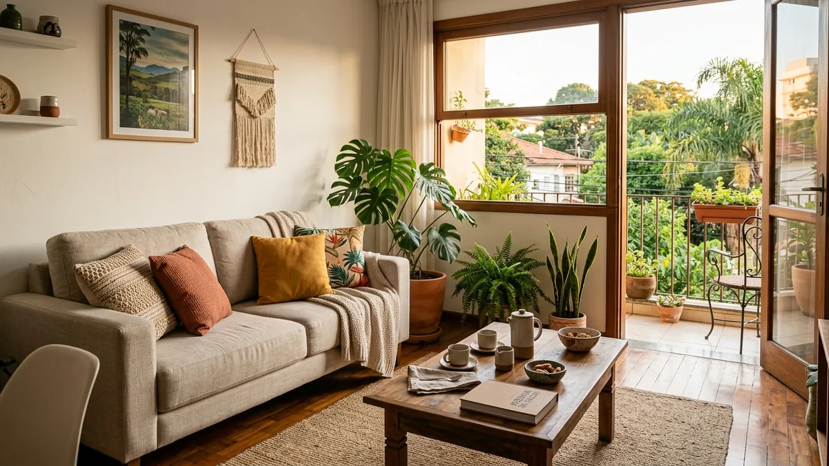 Sala de estar aconchegante de um apartamento de temporada com luz natural de fim de tarde e café posto na mesa de centro