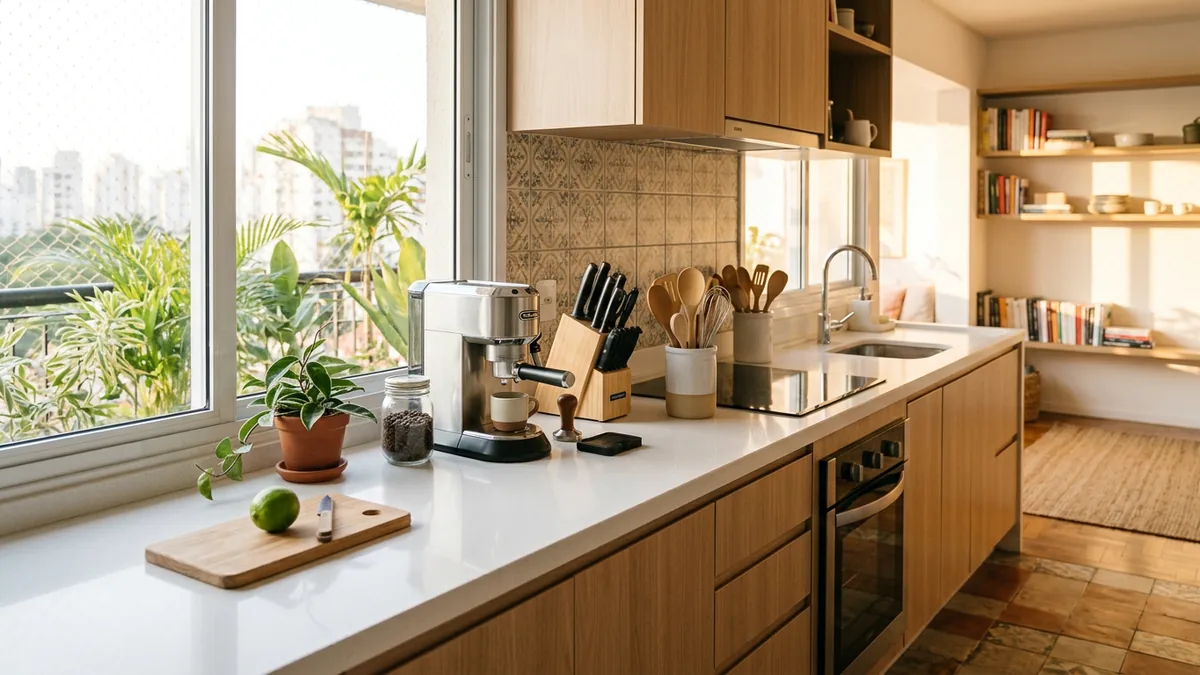 Cozinha integrada e equipada de um apartamento de temporada com luz natural