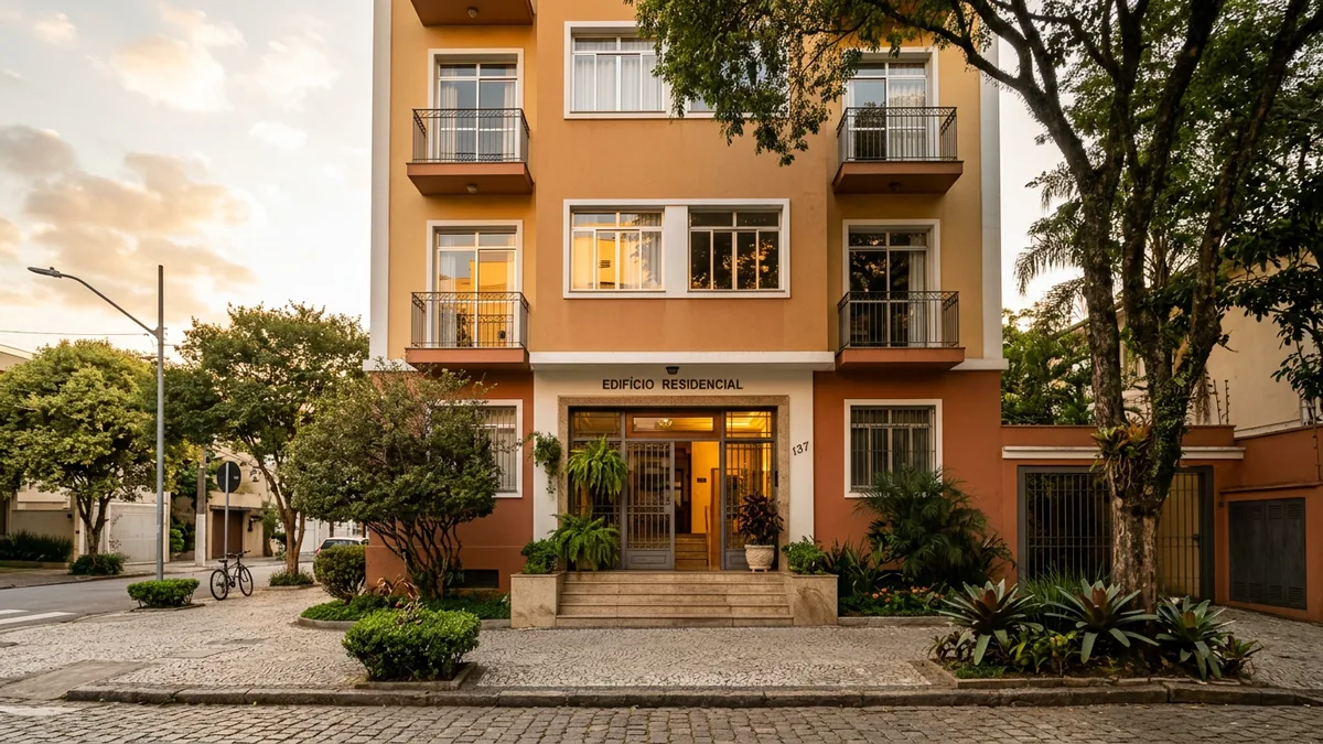 Fachada de um prédio residencial brasileiro vista da rua ao fim da tarde