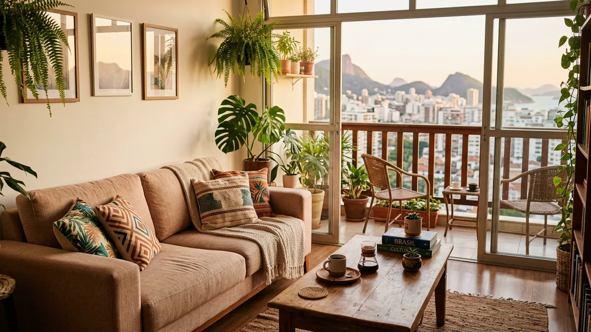 Sala de estar aconchegante de um apartamento de temporada com luz natural de fim de tarde e varanda ao fundo