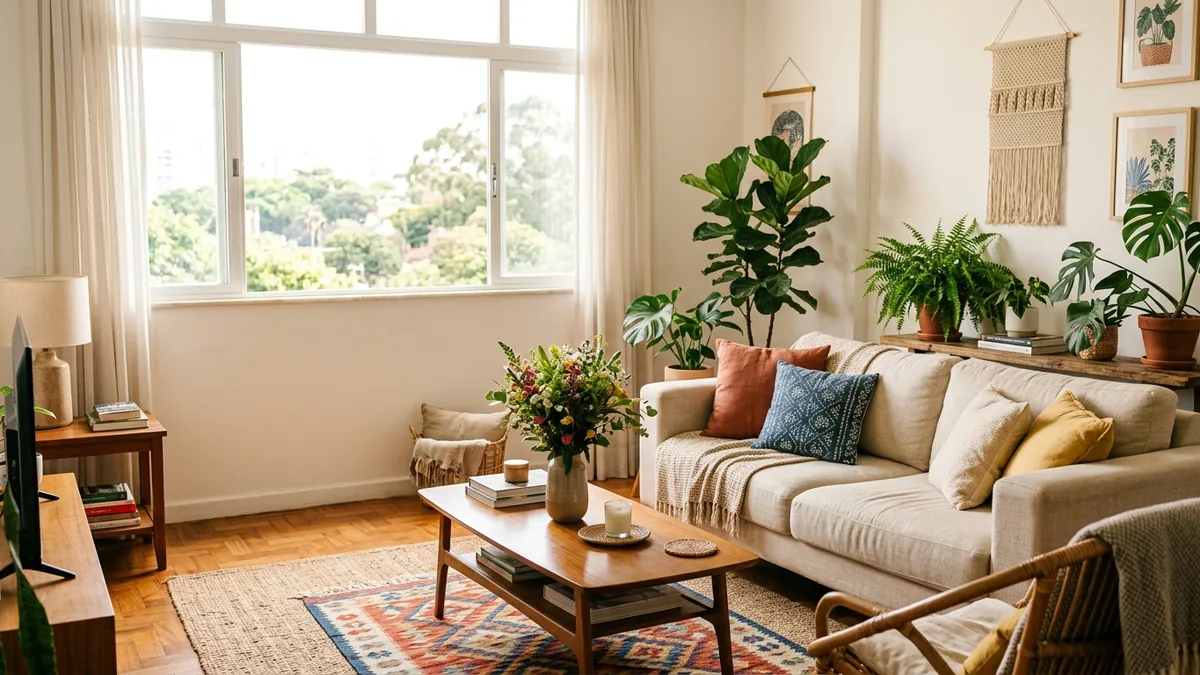 Sala de estar clara e arrumada de um apartamento de temporada com luz natural pela janela