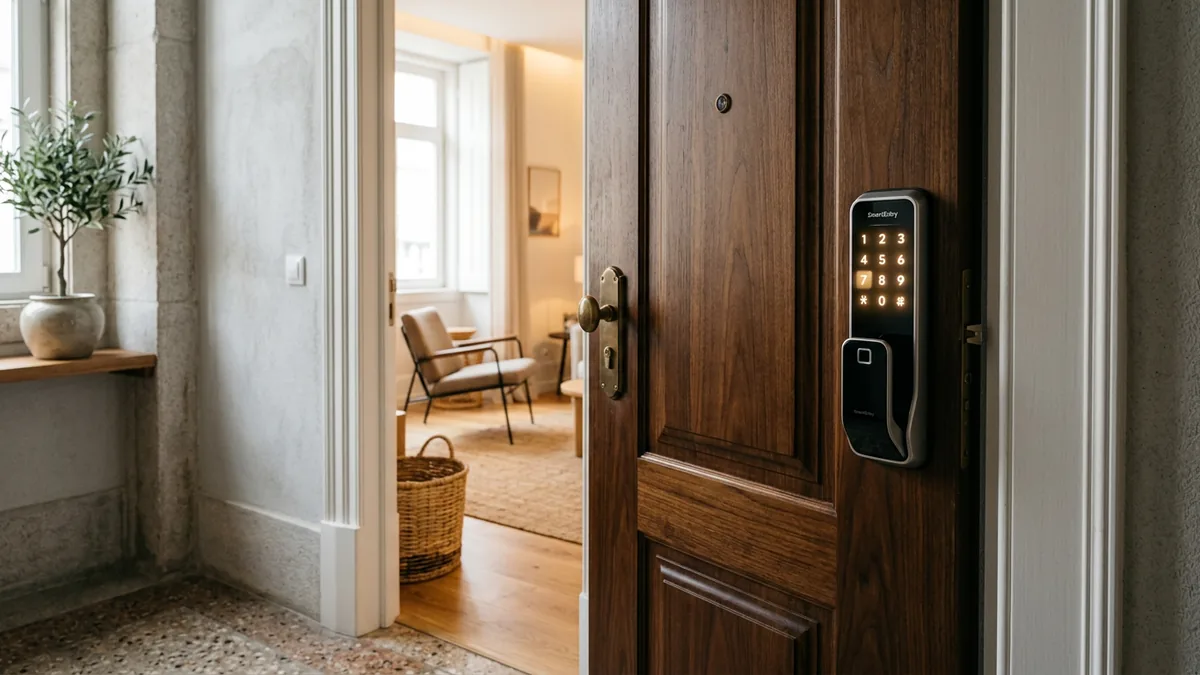 Fechadura inteligente com teclado na porta de um apartamento de temporada