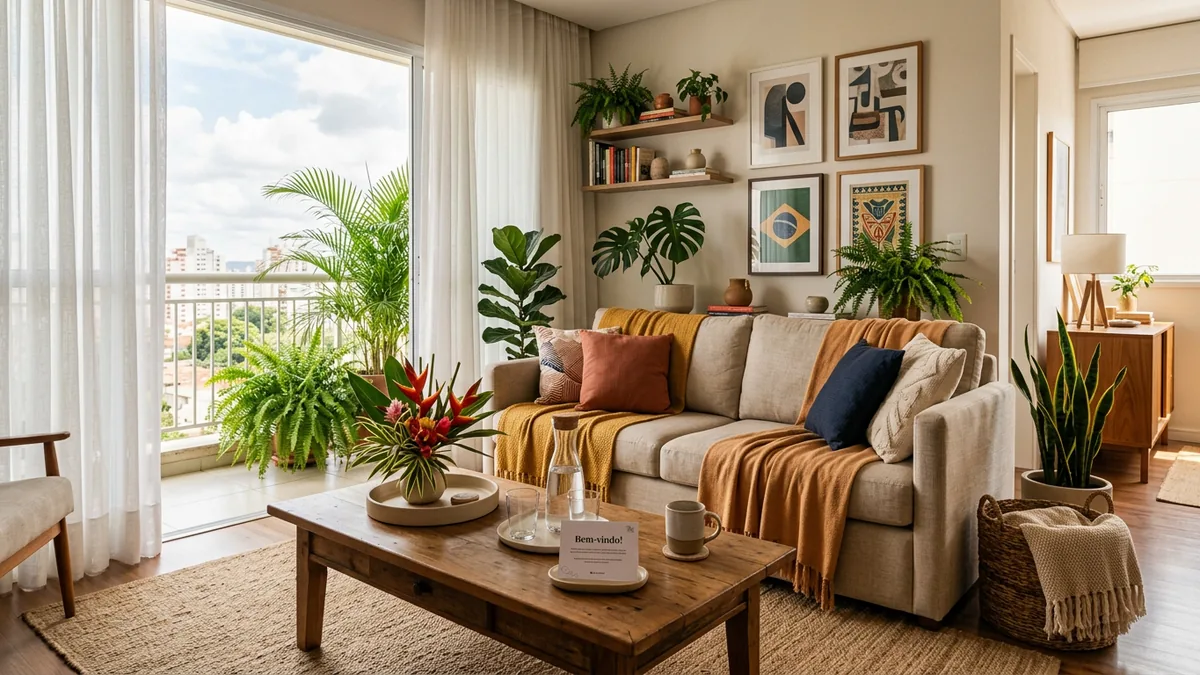 Sala de estar acolhedora de um apartamento de temporada pronta para receber hóspedes