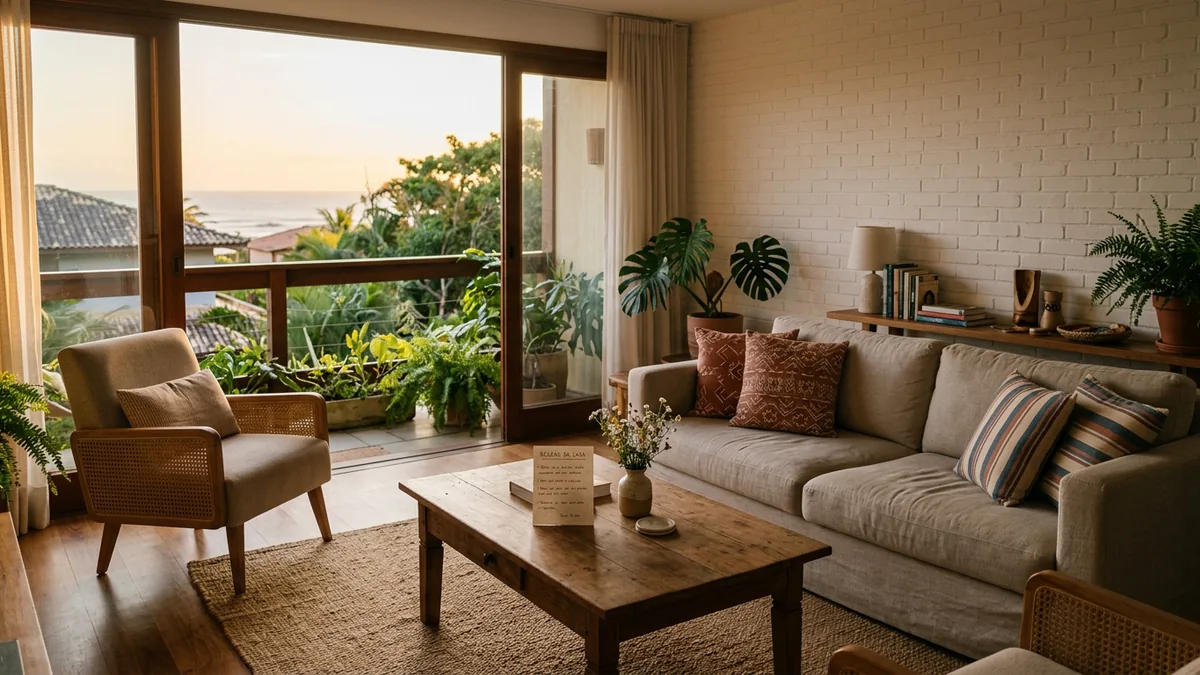 Sala organizada de apartamento de temporada com um cartão de regras da casa sobre a mesa