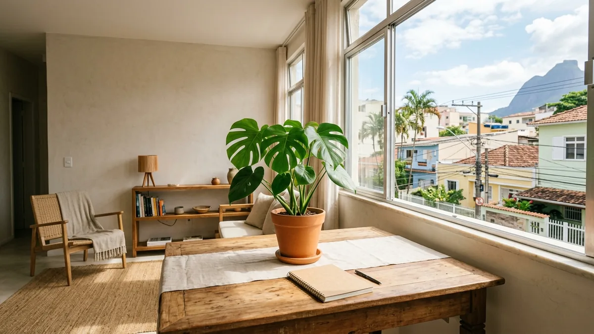 Sala de apartamento de temporada com vista da vizinhança pela janela e luz natural