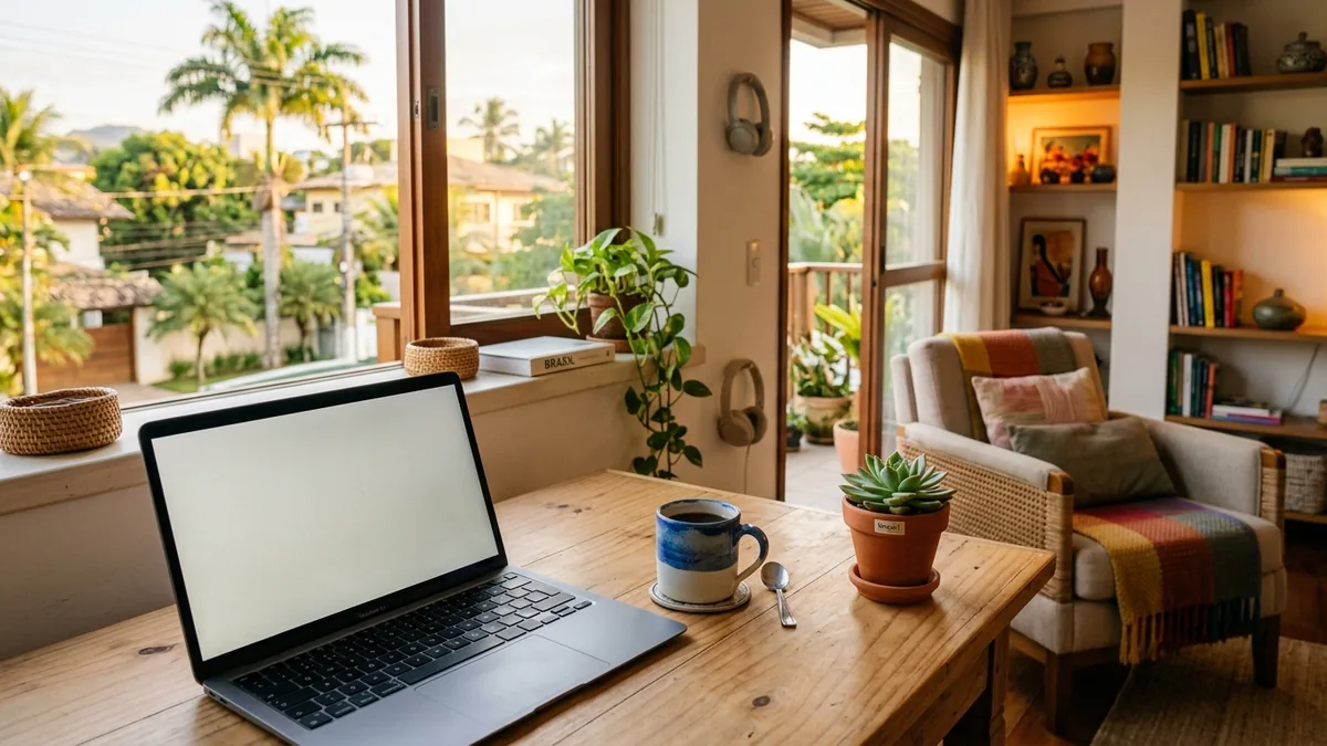 Mesa de madeira com laptop, xícara de café e planta em um apartamento de temporada com luz natural de fim de tarde