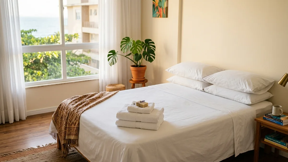 Quarto de apartamento de temporada recém-arrumado, com cama feita de enxoval branco e toalhas dobradas sob luz natural