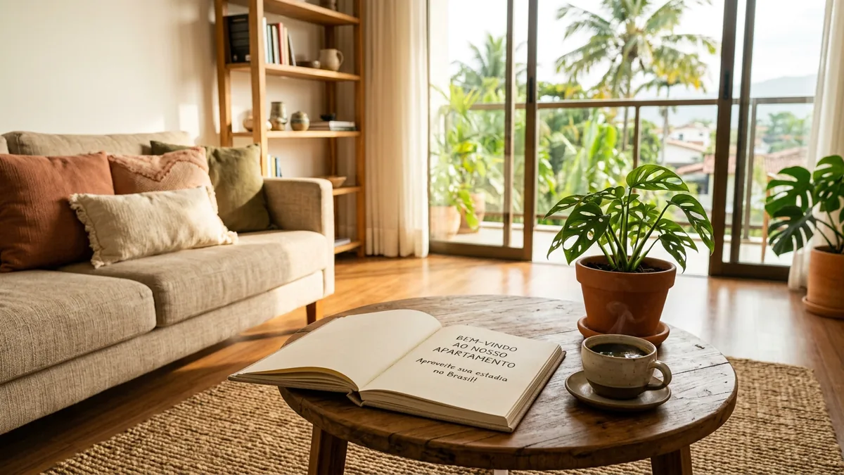 Livro de boas-vindas aberto sobre a mesa de centro de um apartamento de temporada