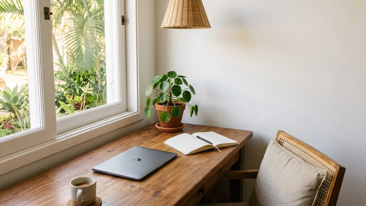 Canto de home office organizado num apartamento de temporada com luz natural