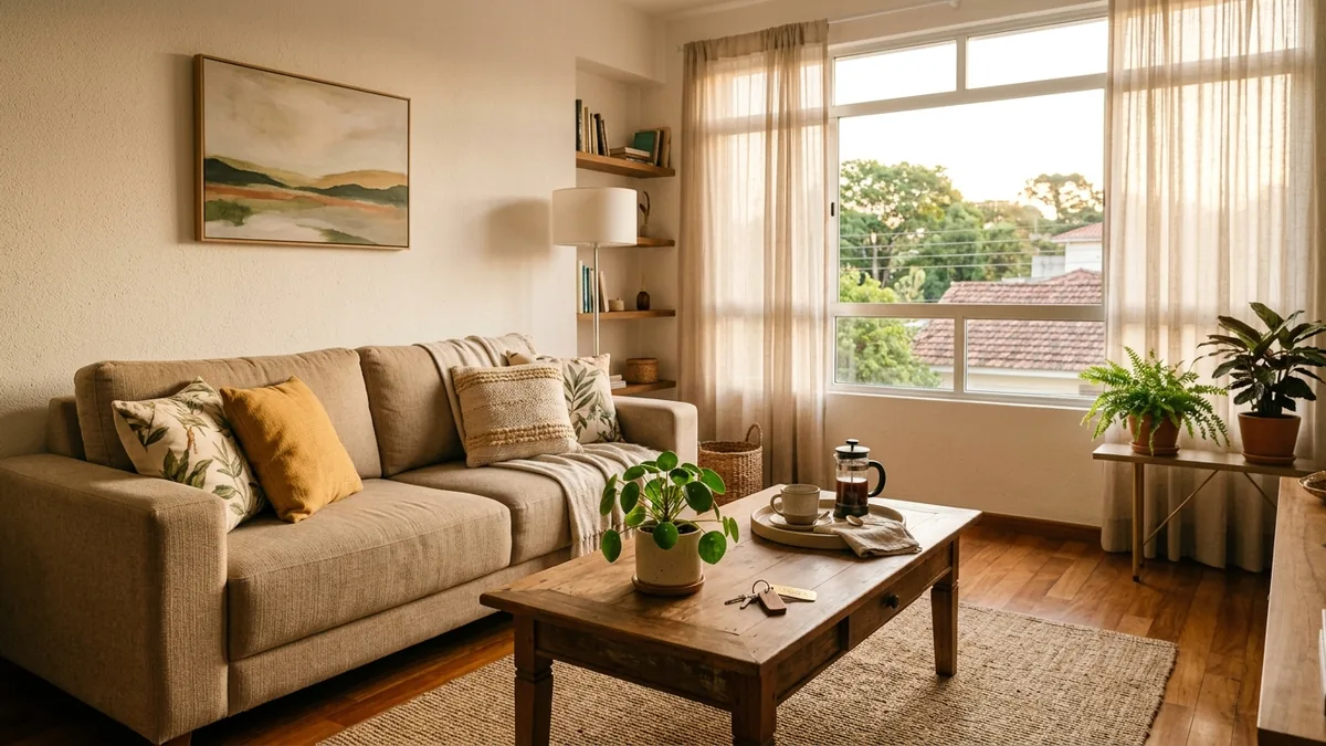 Sala de estar aconchegante de um apartamento de temporada com luz natural, bandeja de café e chaves sobre a mesa, pronta para receber o hóspede