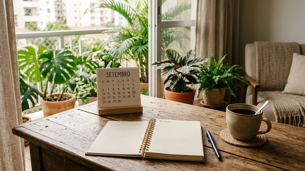 Calendário de mesa e agenda sobre a mesa de um apartamento de temporada