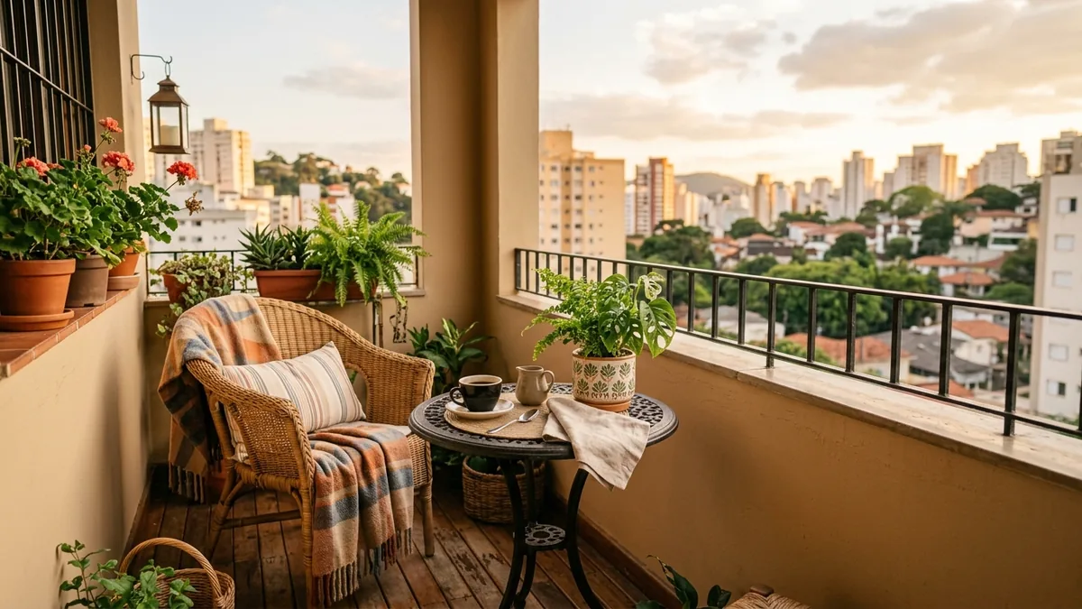 Varanda arrumada de apartamento de temporada com mesa posta e vista da cidade ao fim da tarde