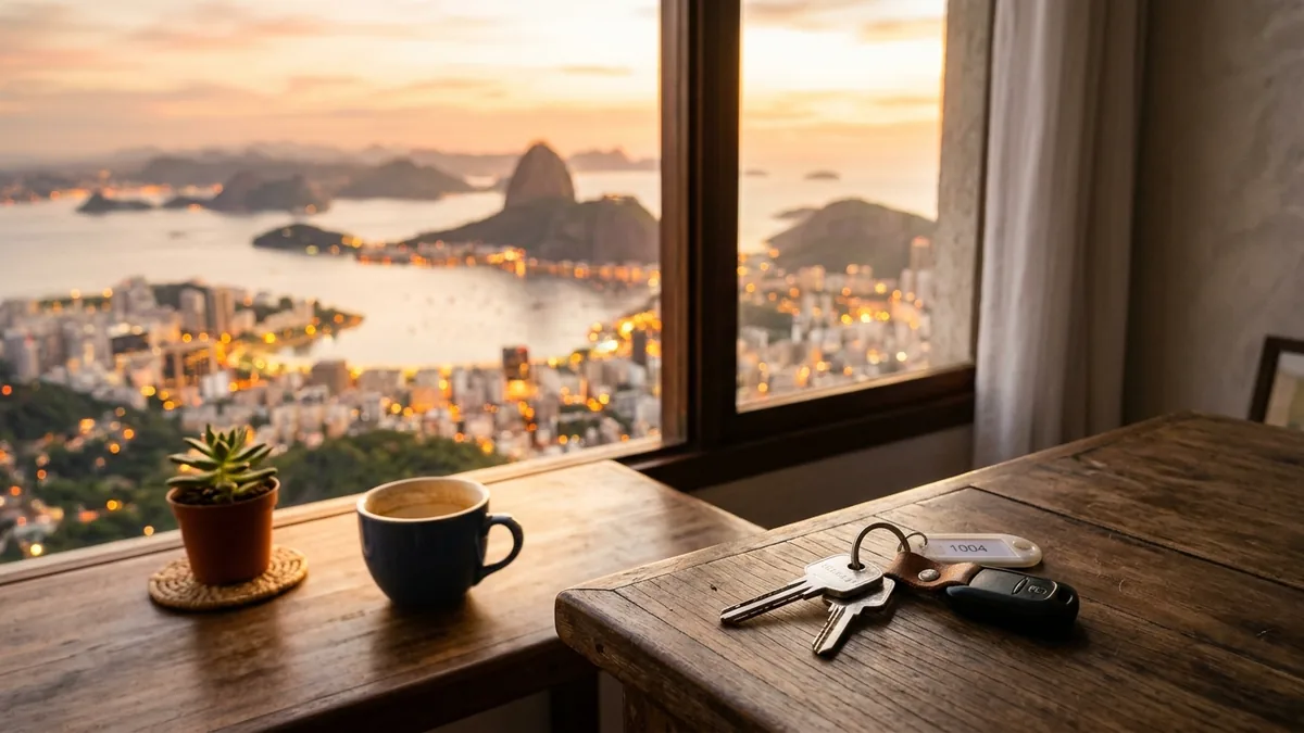 Chaves sobre a mesa diante da janela com vista de um imóvel de temporada