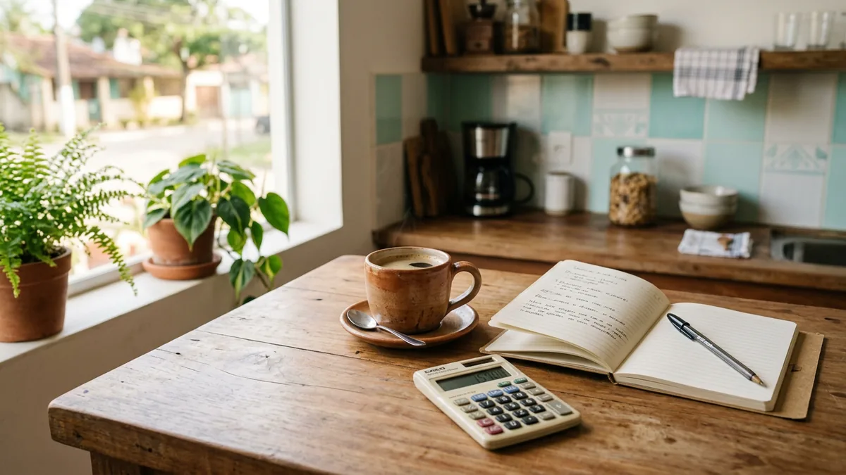 Caderno e calculadora sobre a bancada de cozinha de um apartamento de temporada