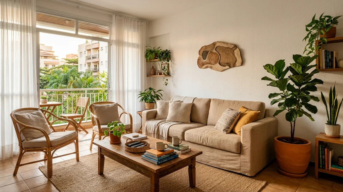 Sala de estar aconchegante de um apartamento de temporada com luz natural ao fim da tarde