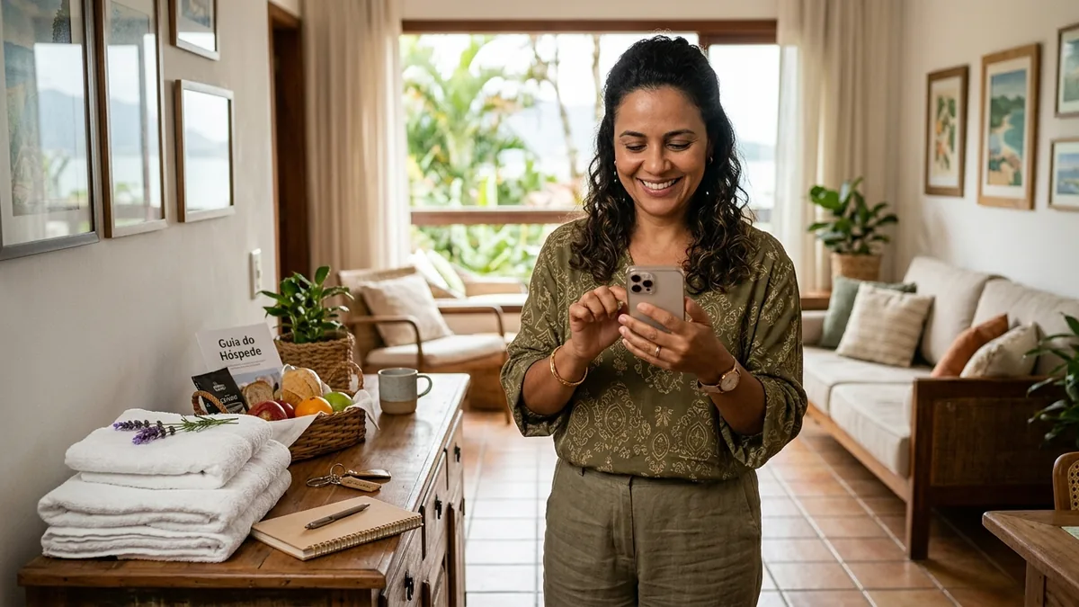 Anfitriã organizando o atendimento aos hóspedes pelo celular em casa