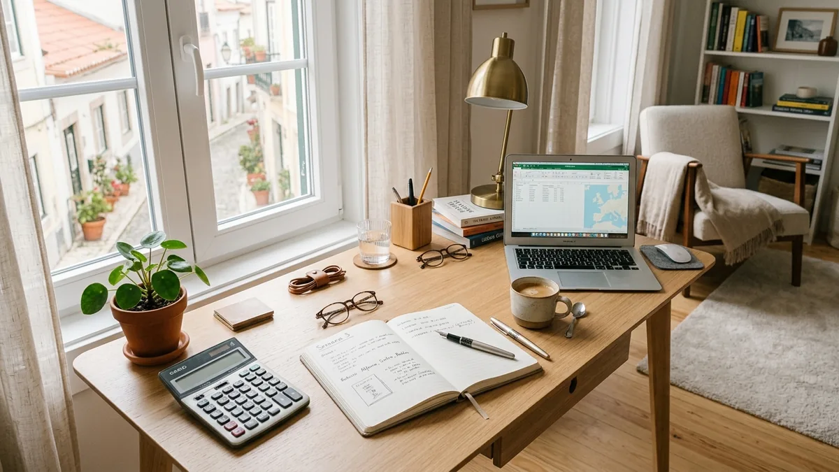 Escrivaninha de apartamento de temporada com calculadora, caderno e laptop sob luz natural