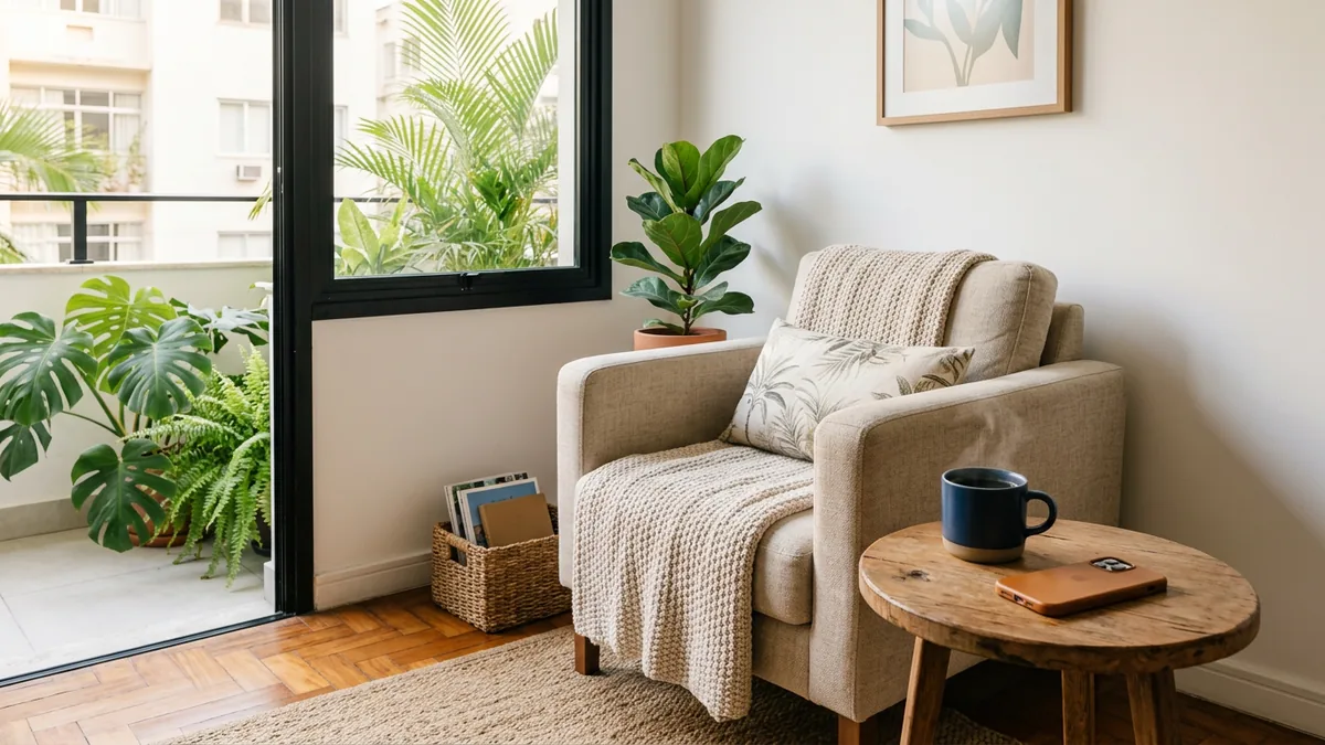 Celular e xícara de café num canto tranquilo de um apartamento de temporada