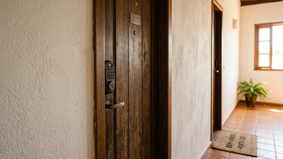 Porta de apartamento de temporada com fechadura eletrônica de teclado para self check-in