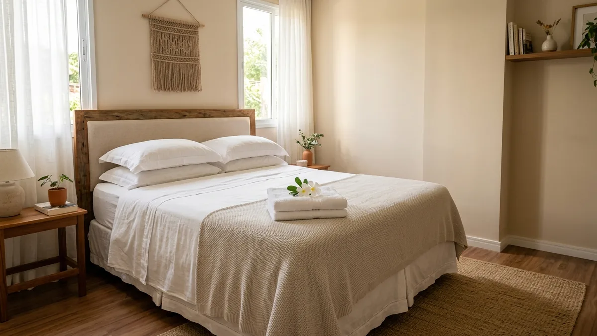 Quarto impecável de temporada com toalhas dobradas e uma flor sobre a cama bem feita