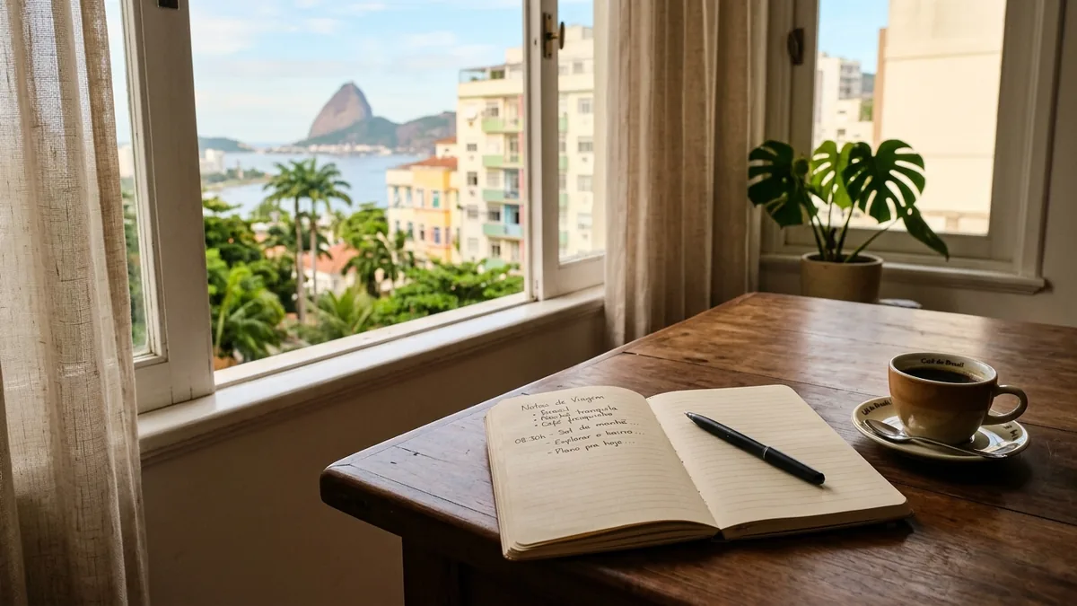 Caderno aberto e caneta sobre a mesa junto à janela de um apartamento de temporada